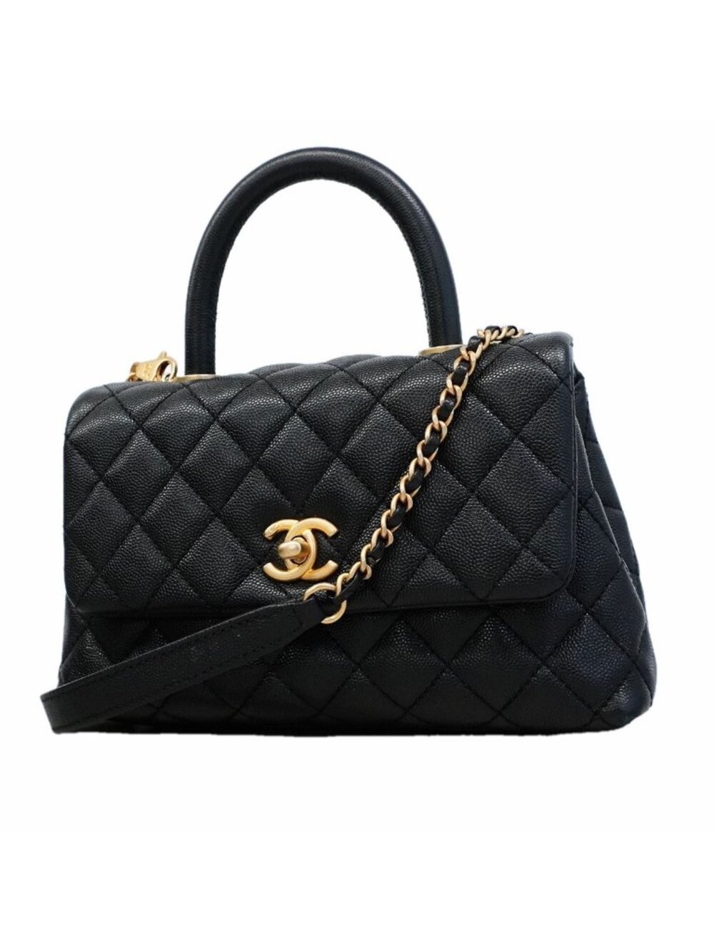 Chanel Handbag Coco Handle Caviar Leather Black Gold 2-Way Bag